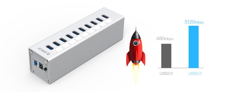 هاب 10 پورت USB 3.0 آلومینیومی با آداپتور
